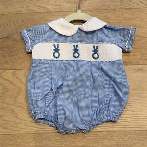 Smocked Bunny Baby Romper with White Collar
